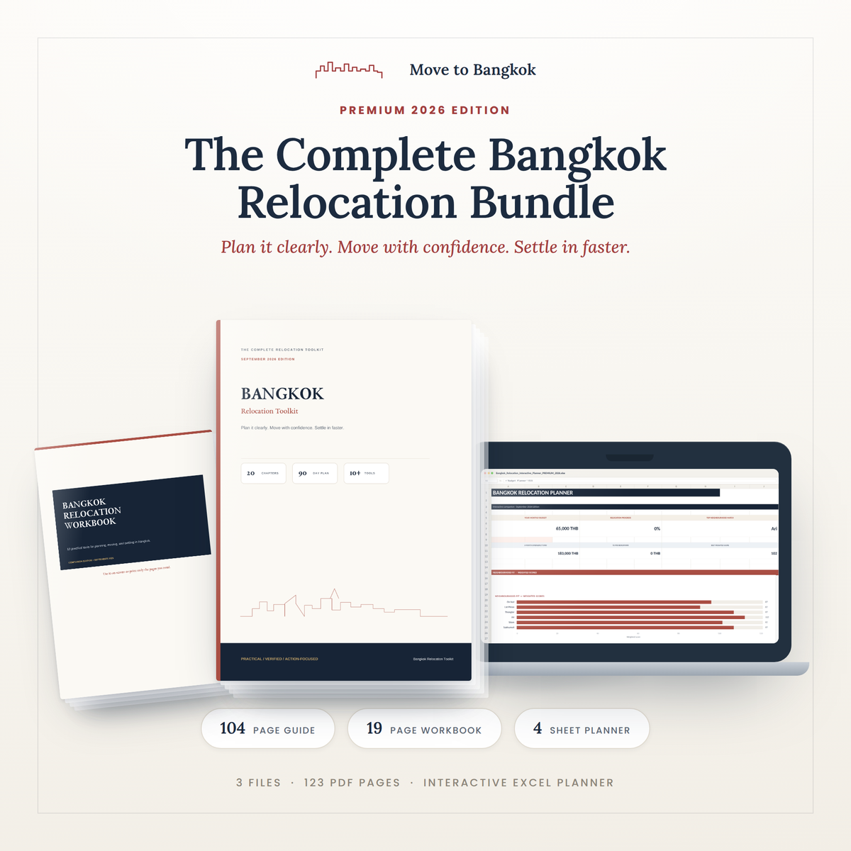 The Complete Bangkok Relocation Bundle: the 104-page guide, the 19-page workbook and the interactive Excel planner shown together