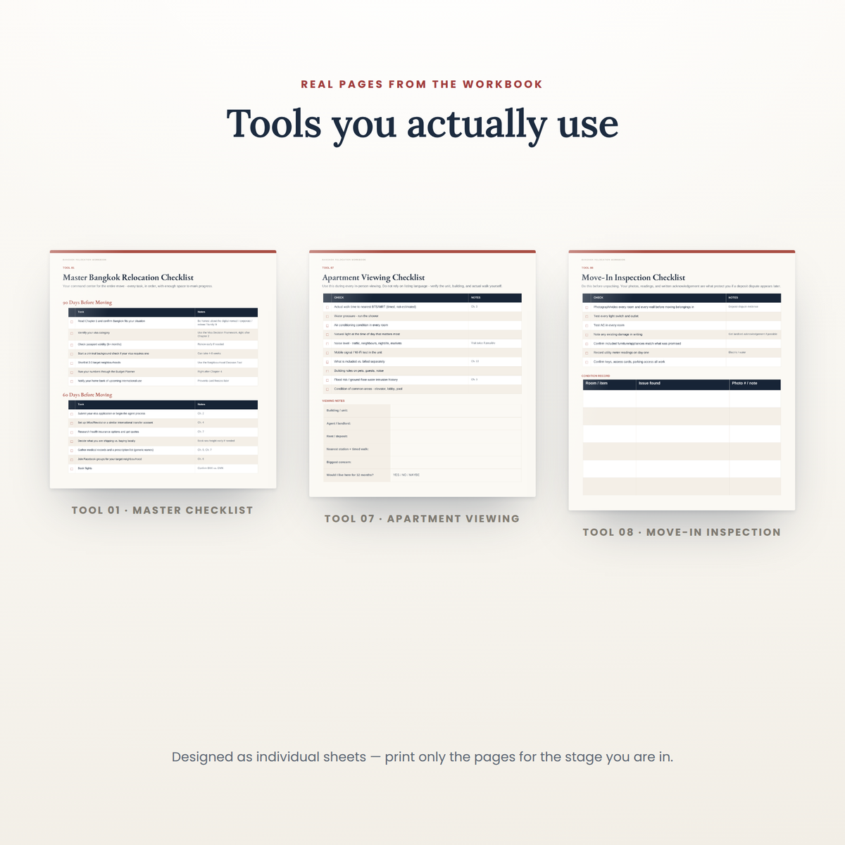 Real workbook pages: the master relocation checklist, apartment viewing checklist and move-in inspection checklist